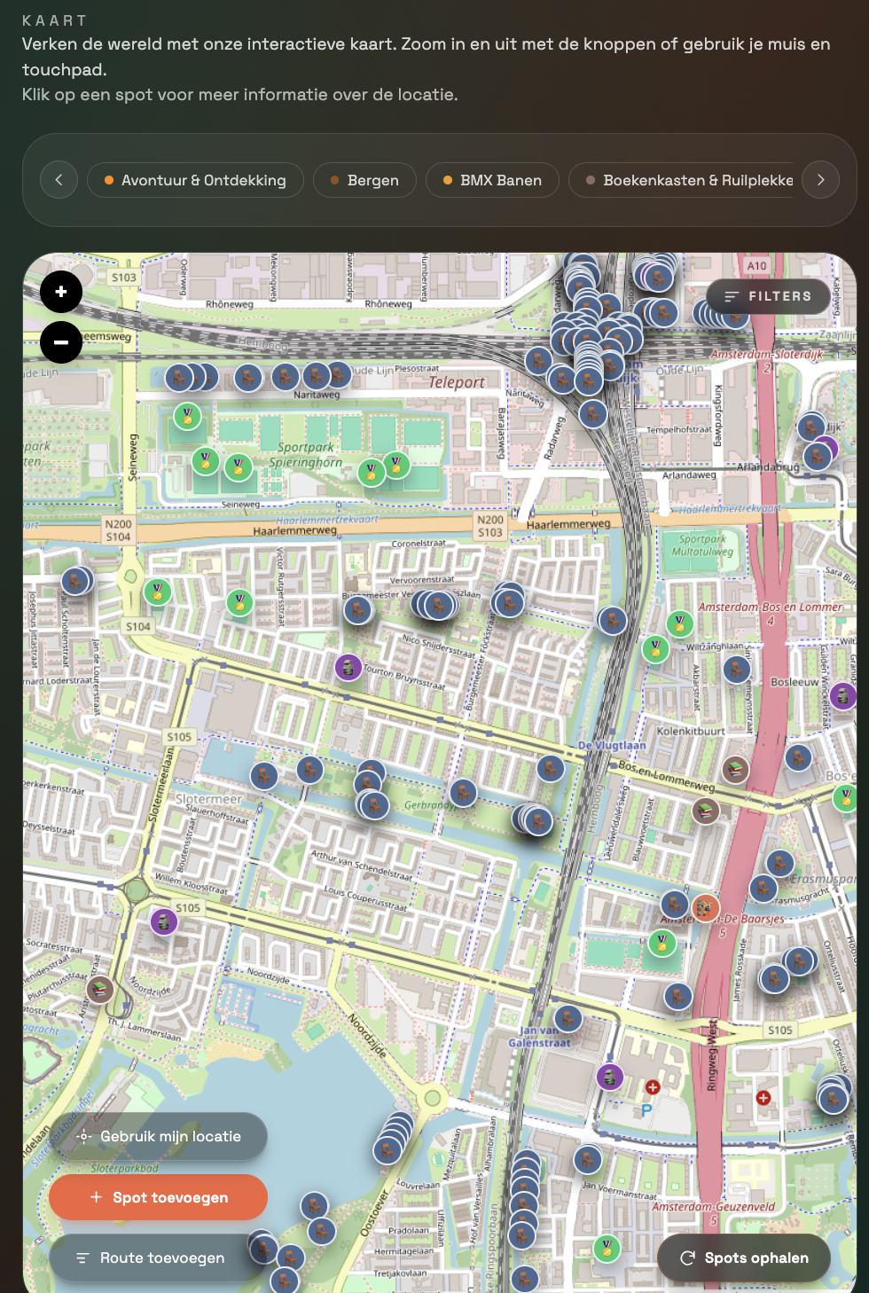screenshot of the Spot and Find map filled with community spots